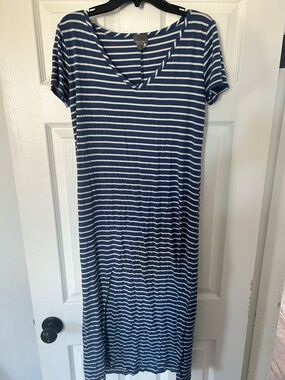 Olivia Rae Blue and White Striped V-Neck Maxi Dress